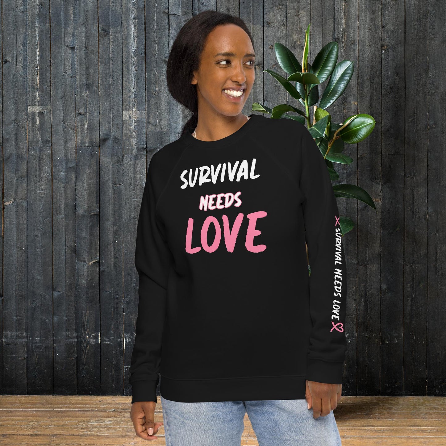 "Survival Needs Love" Breast Cancer Awareness Black Sweatshirt